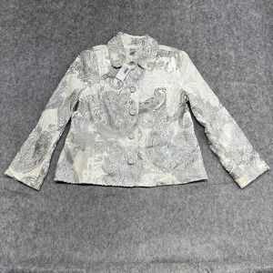 Chicos‎ Jacket Womens 2 White Silver Paisley Frost Patience Silk Blend Button Up